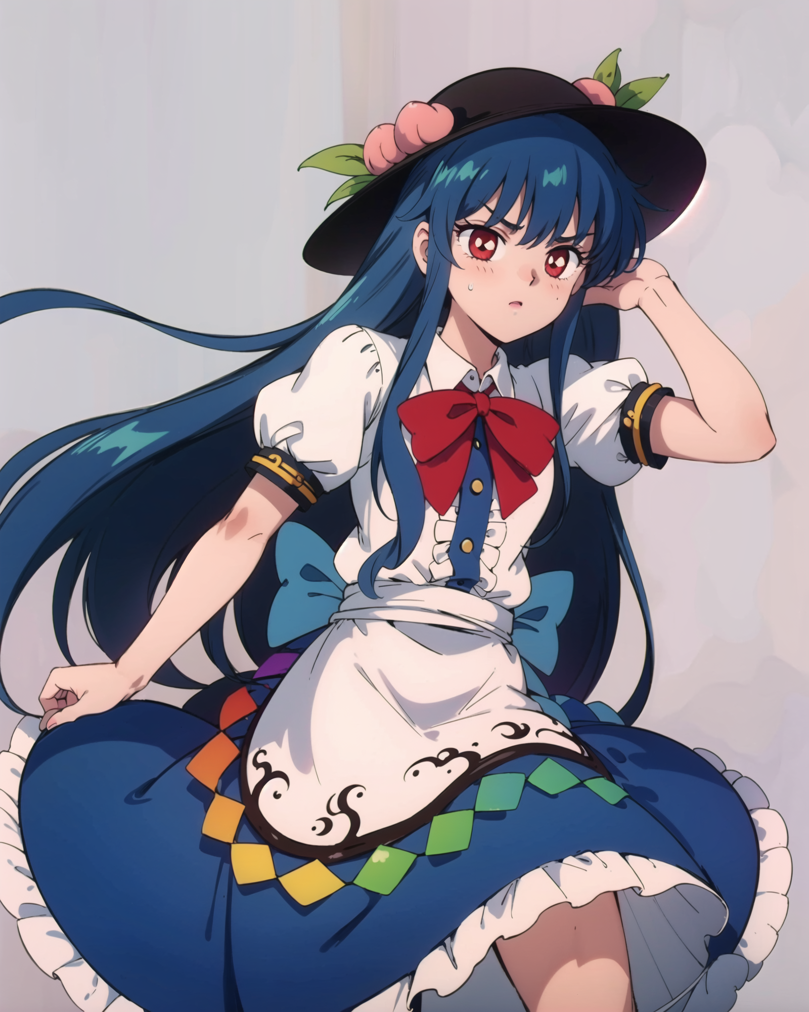 00741-608427622-,1girl,hinanawi tenshi, hat,peach,blue hair,long hair,red eyes,bow,short sleeves,shirt,skirt,grey background,, masterpiece, best.png
